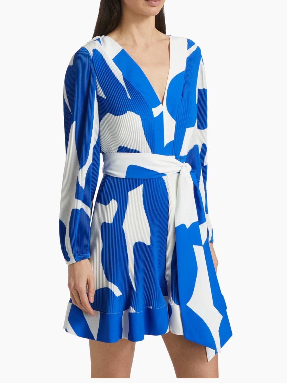Milly Blue and White Pleated Wrap-Front Long Sleeve Dress - Picture 3 of 6